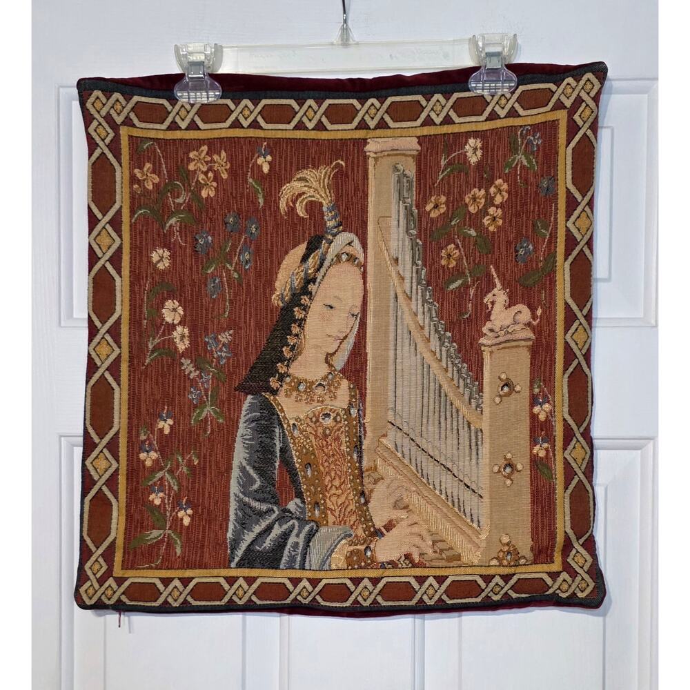 Goblys Old World Decorative Pillow Case Made In France Lady w The Organ Tapestry